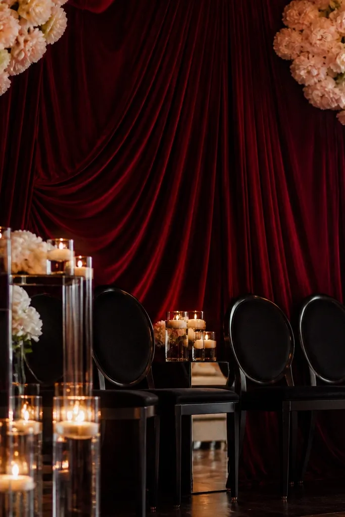 Deep burgundy velvet drape behind blush flower heads on a wedding stage