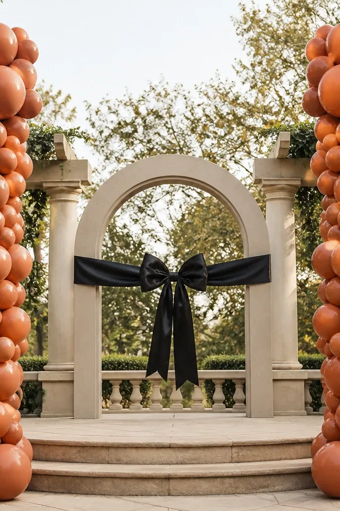 Terracotta and black balloon column pairs with a large center ribbon bow