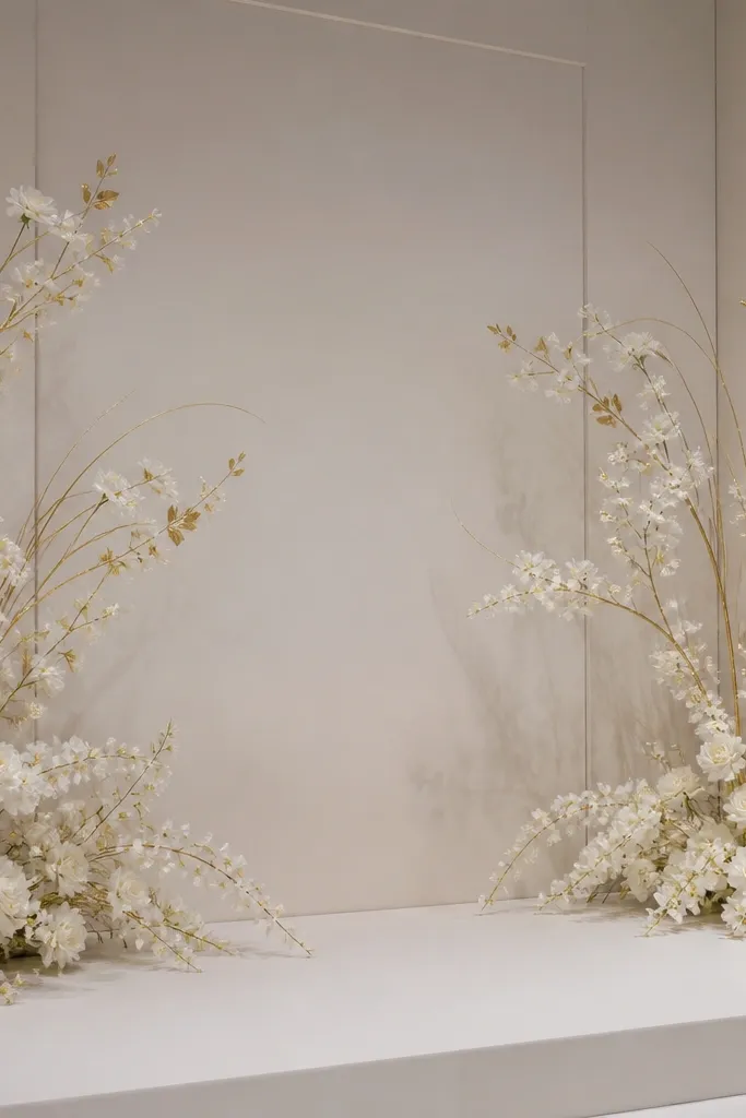 Matte white and gold floral sprays placed in both stage corners