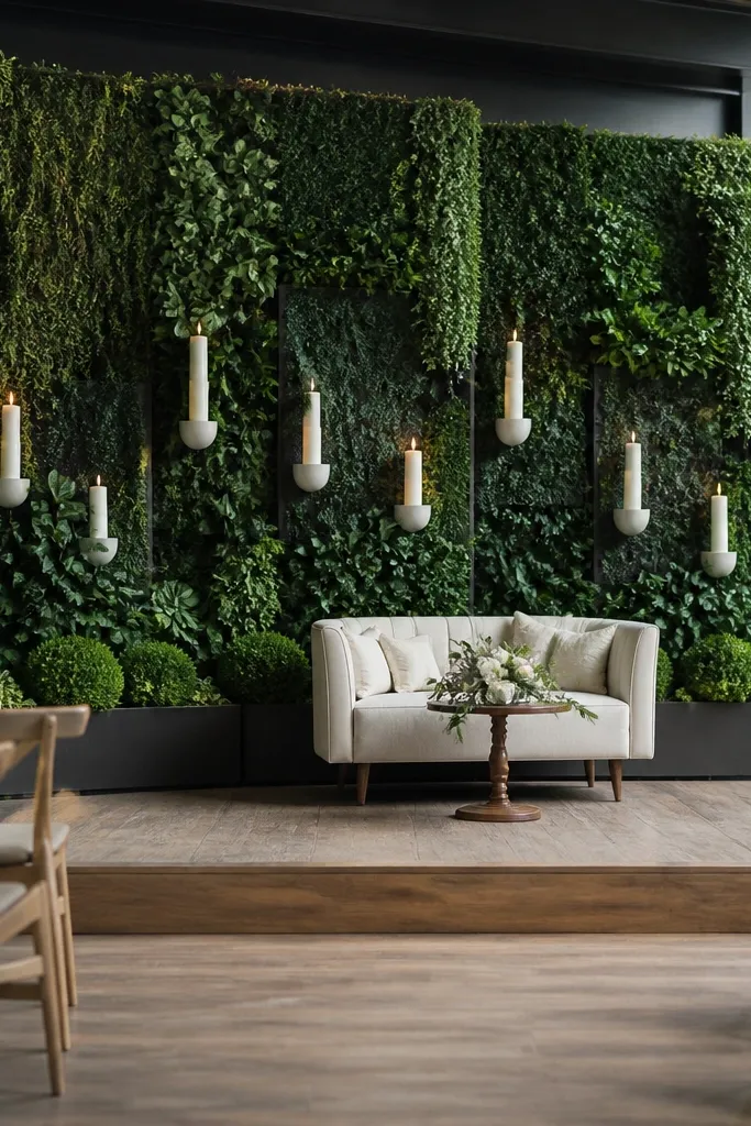 Sculpted greenery backdrop with white candle sconces along the stage