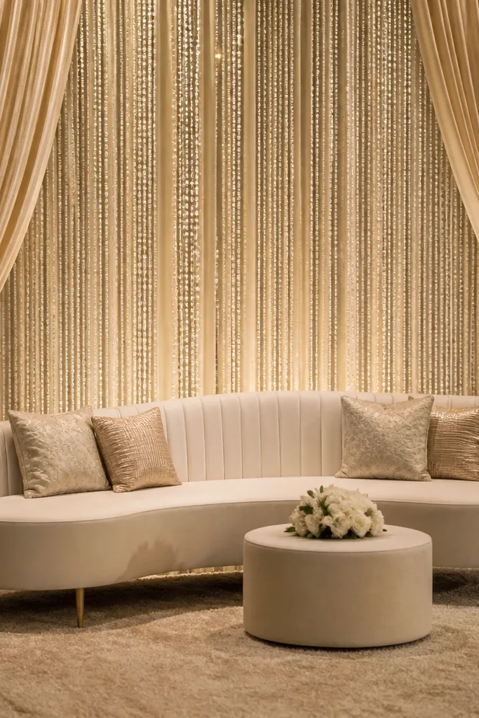 Champagne linen backdrop with pearl bead curtain draped down the stage