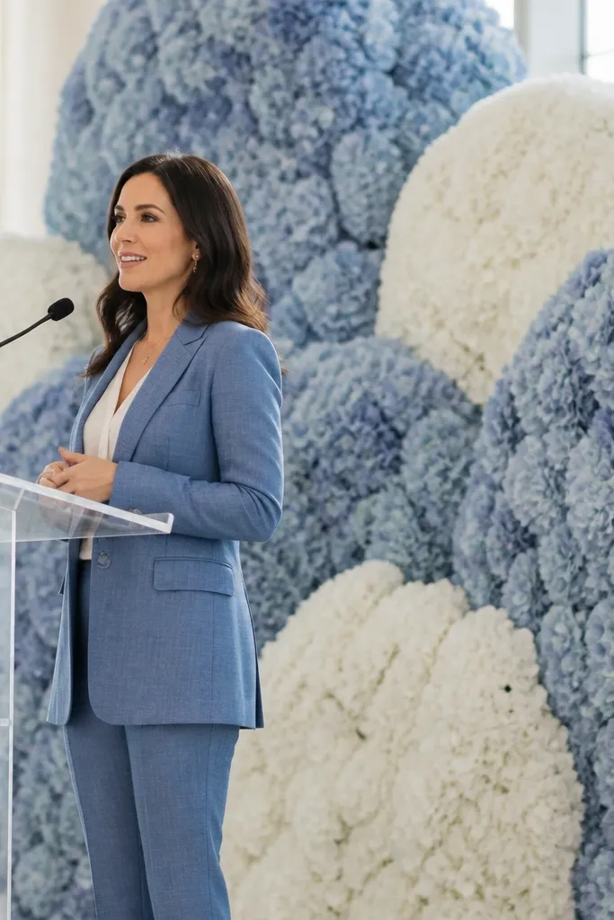 Dusty blue and white hydrangea cloud panels behind a wedding stage