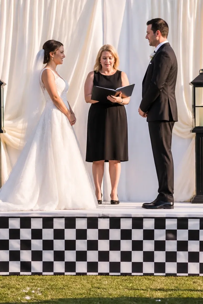 Black and white checker ribbon border wrapping a wedding stage platform