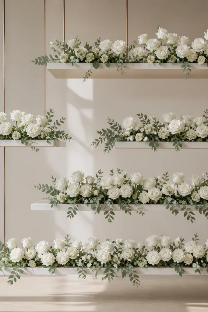 Floating shelf backdrop with white rose clusters and greenery on a stage