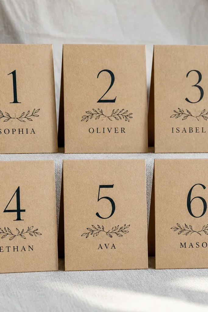 Kraft paper table cards arranged in a neat 2x3 grid with black table numbers and names