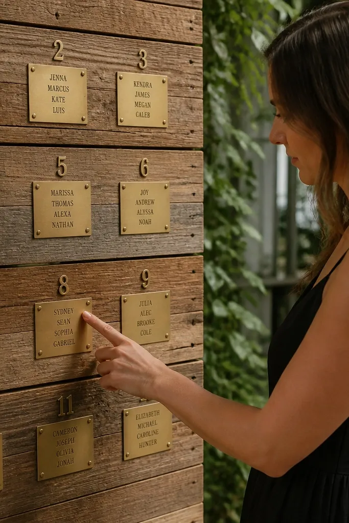Reclaimed wood slats with small brass tags listing table numbers and guest names