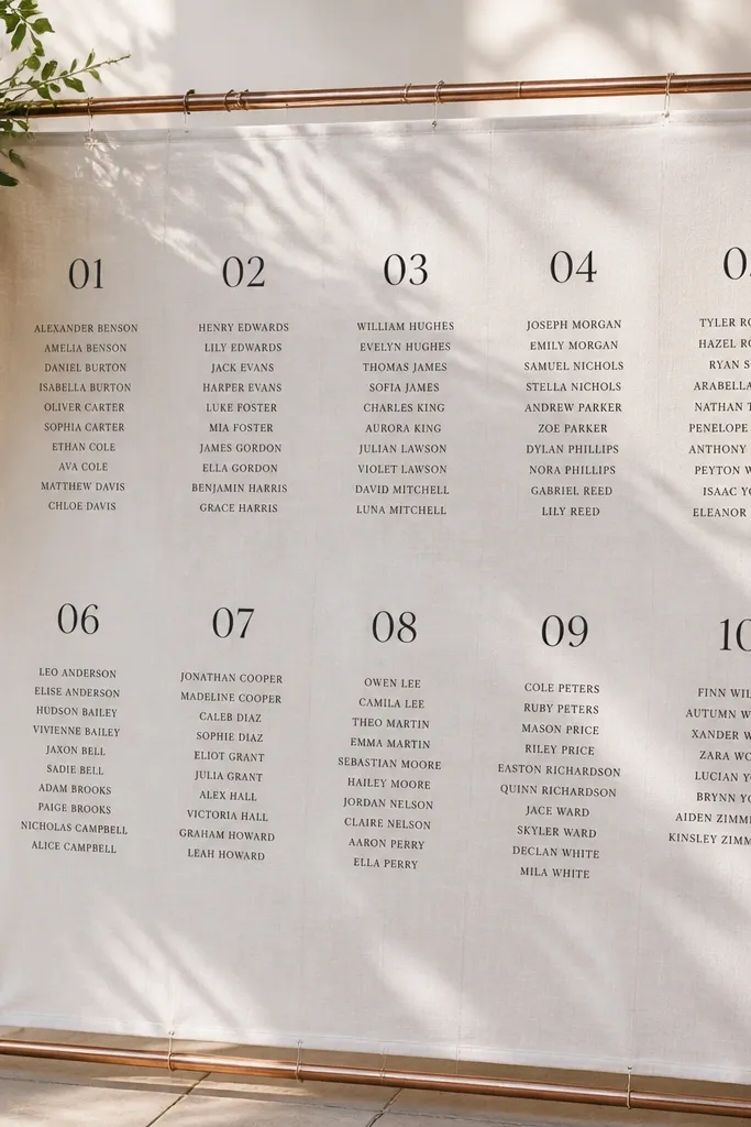 White linen fabric stretched on a frame with table numbers and name lists in clean typography