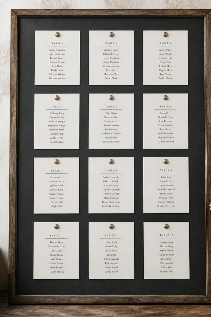Chalkboard background with neat pre-printed strips listing table numbers and guests