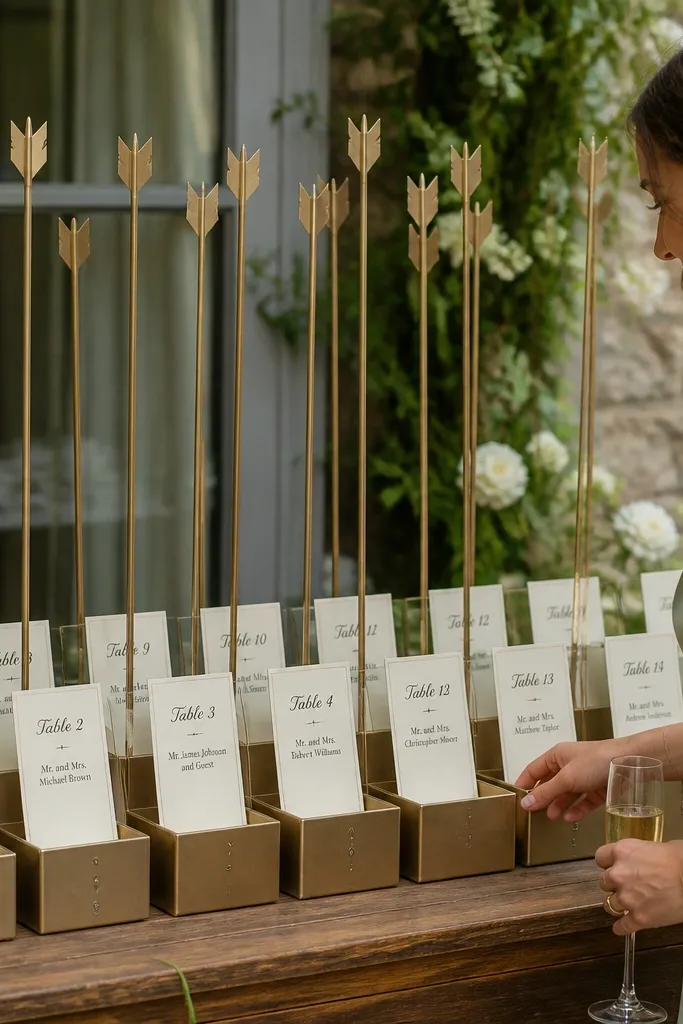 Tall arrows pointing to labeled escort card boxes with table numbers and guest names