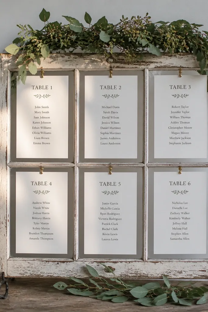 Old window frame repurposed with framed panels listing tables and guest names