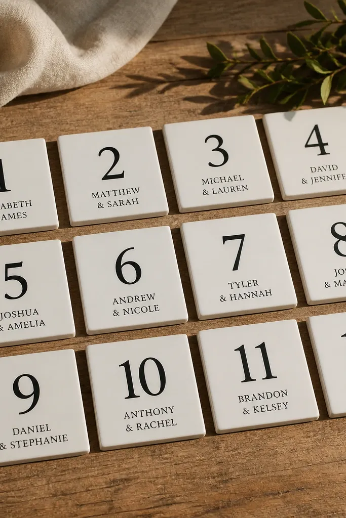 White ceramic tiles with black table numbers and names arranged in neat rows