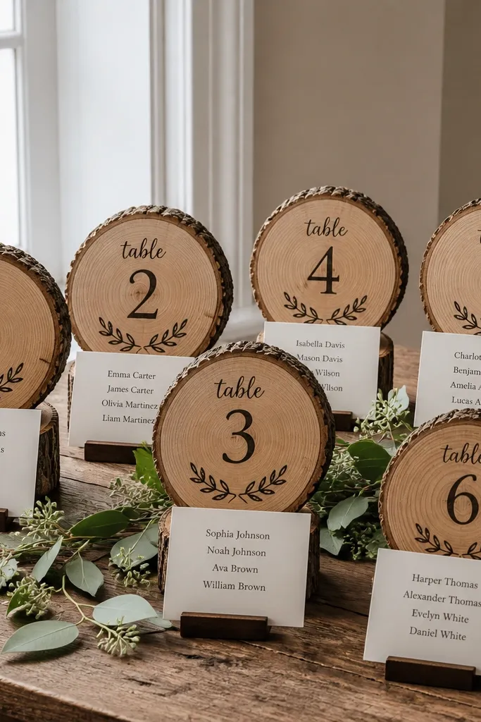 Wood slice plaques with numbered labels and small name cards arranged by table