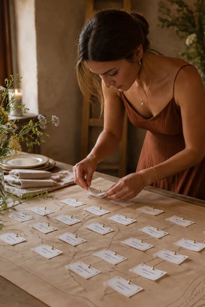 Brown paper seating chart with table numbers and small pinned name tags like a map