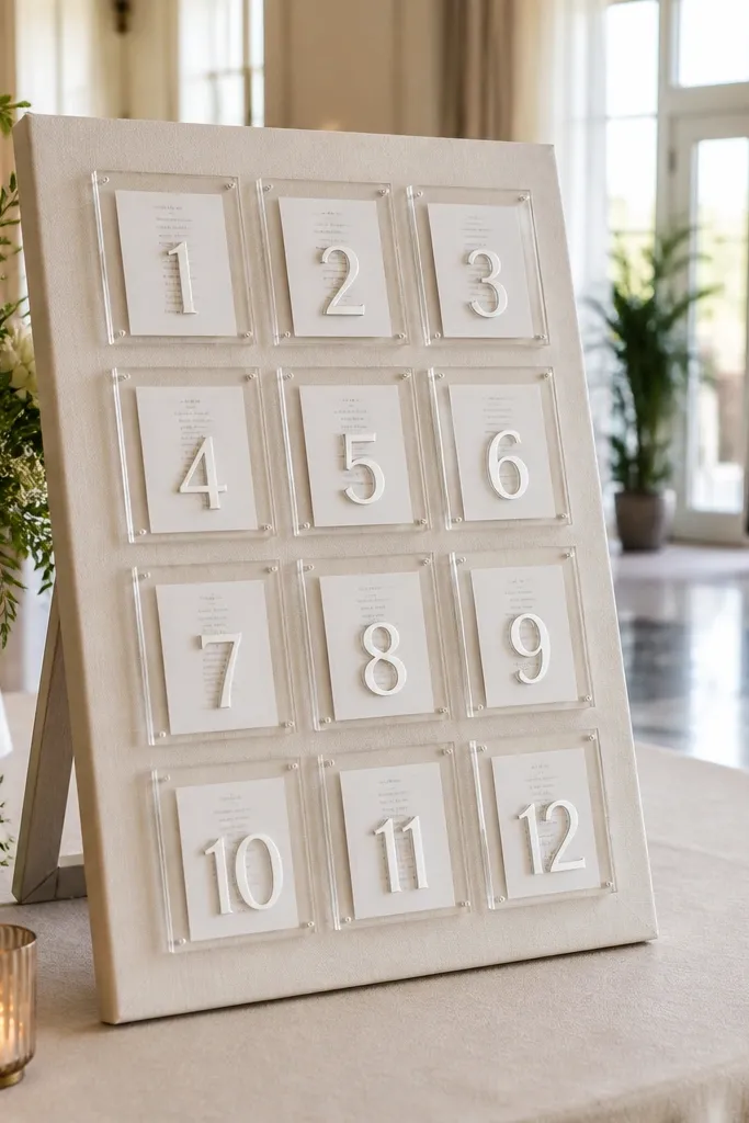 Linen background with clear acrylic blocks showing table numbers and name lists behind