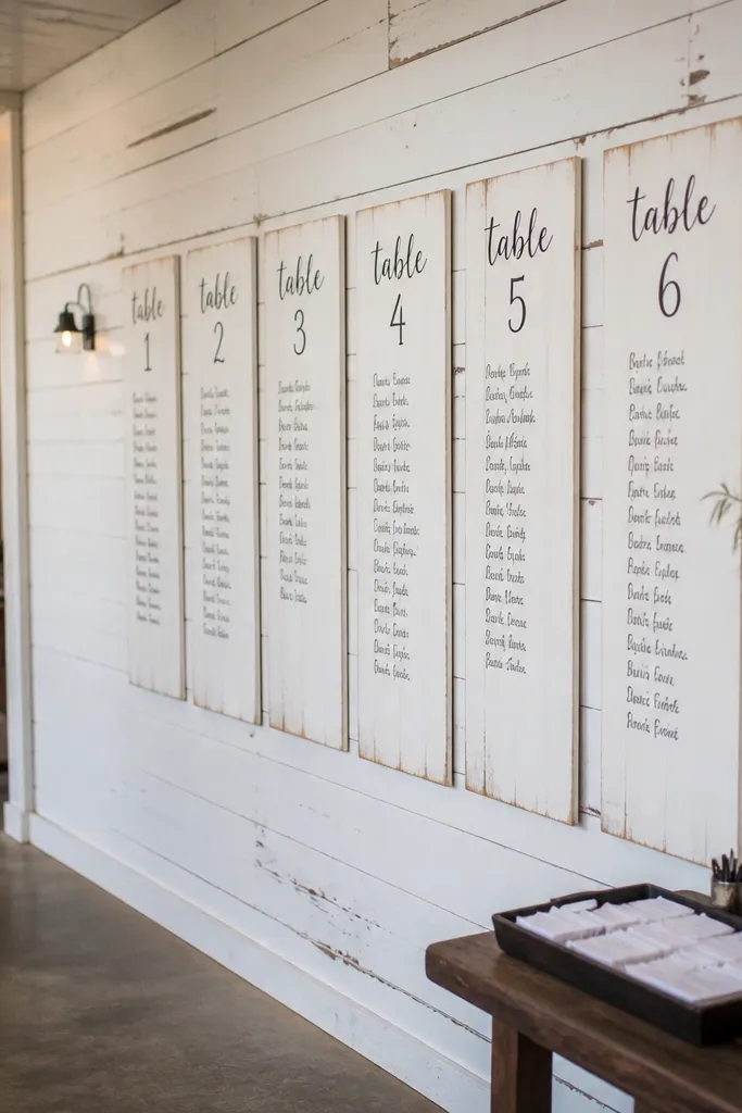 White shiplap panels with bold chalk-style typography listing tables and names