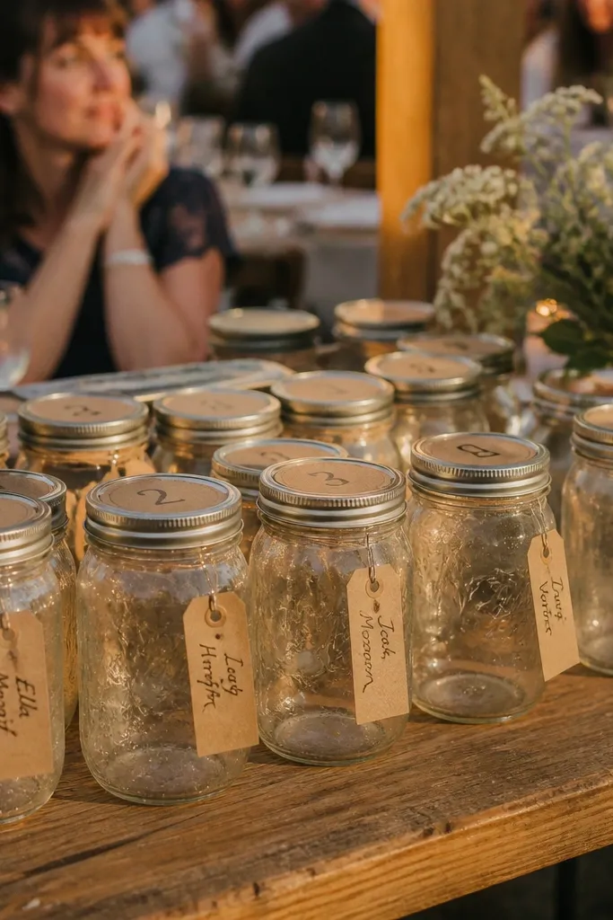 Mason jars labeled with table numbers holding small name tags with lids as display
