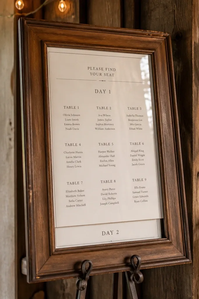 Vintage gold frame showing a seating chart with table numbers and typed names