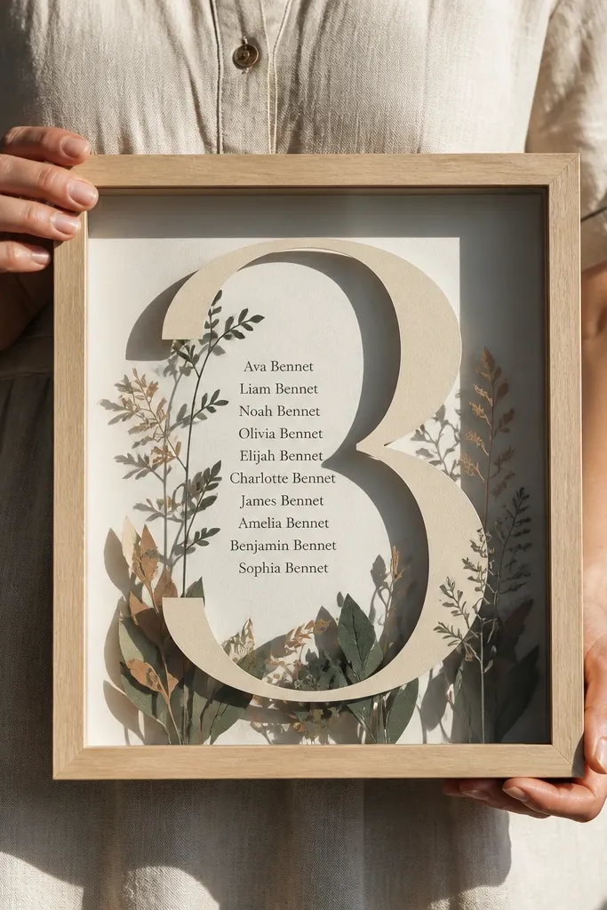 Shadow box with layered table number cutouts and printed guest name lists behind