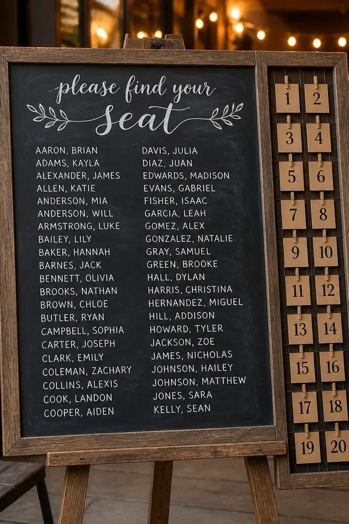 Chalkboard on an easel with a side grid of table number tags and name lists