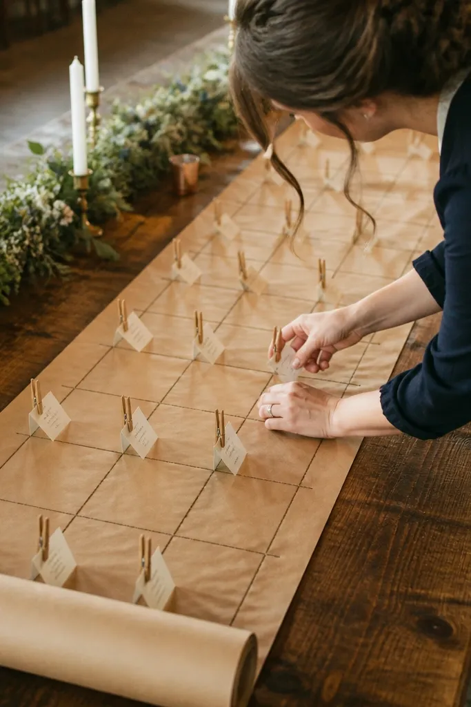Brown paper roll pinned to a board with twine marking table zones and name cards