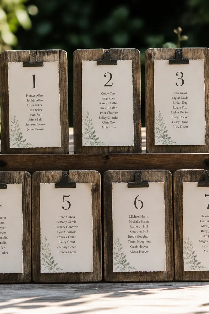 Rustic wooden clipboards each showing a table number and a list of guest names
