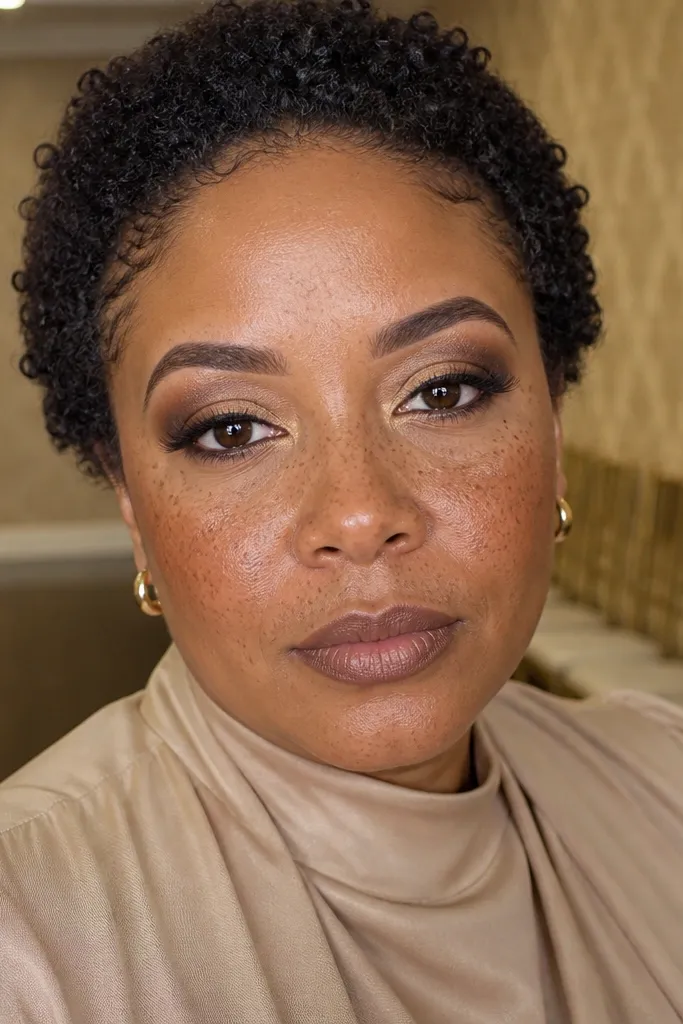 Deep umber cut crease with champagne highlight under the brow and long outer lashes