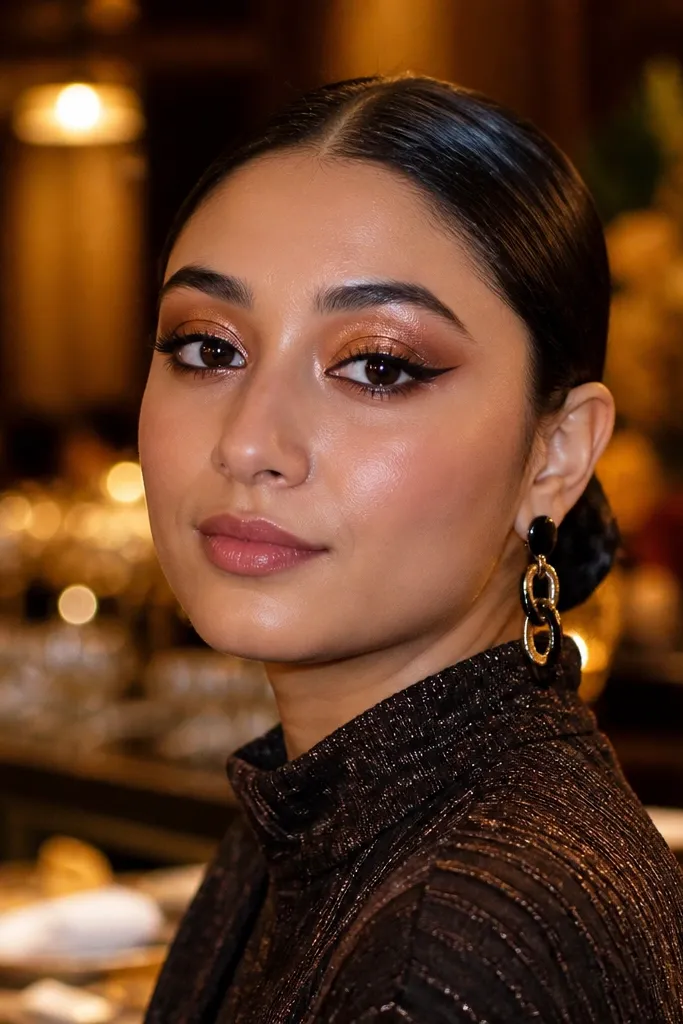 Black-brown wing liner with copper foil lid shimmer and crisp lash line