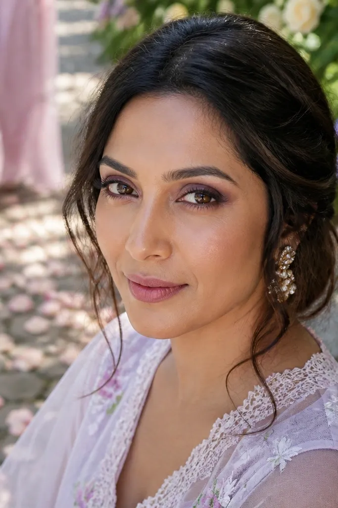 Plum velvet smoky eye with rose shimmer on inner rim and fluttery lashes