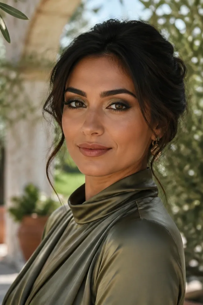 Satin olive bronze lid with espresso outer sweep and long tapered lashes