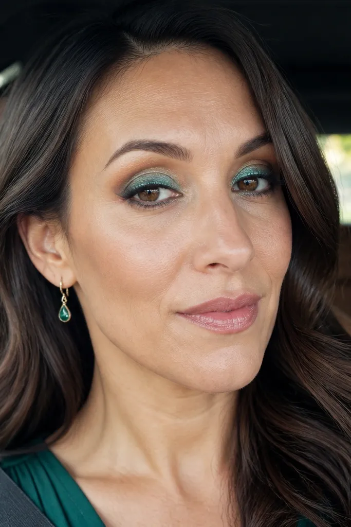 Teal-bronze shift shadow with chocolate liner and tapered cat-eye lashes