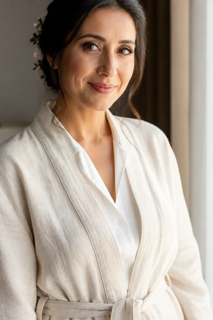 Cream linen robes with a tie belt and matching hangers