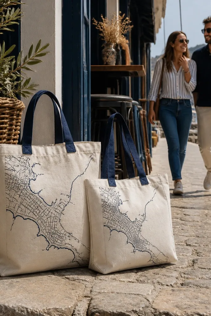 Two canvas tote bags with a minimal map graphic and names