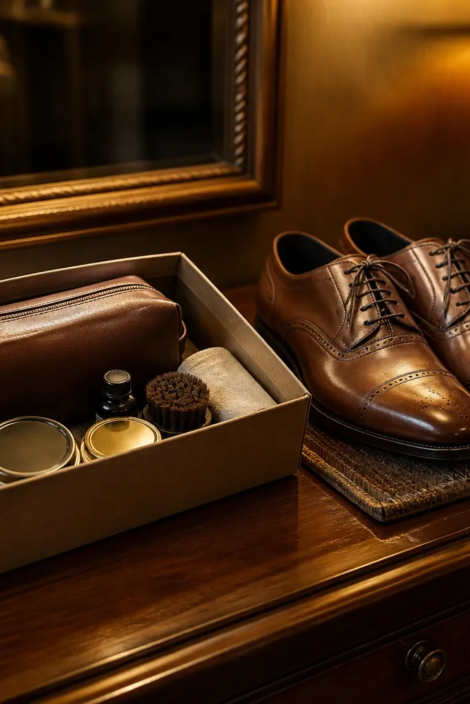 Brown leather shoe care kit with cream polish cloth and brush
