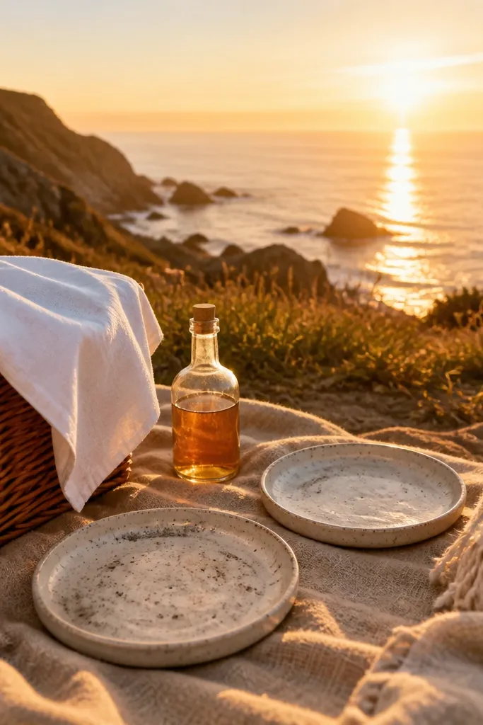 Linen napkins, small plates, and a checkered picnic blanket in warm tones