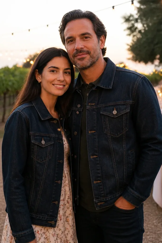 Two light-wash denim jackets laid flat with simple gold buttons