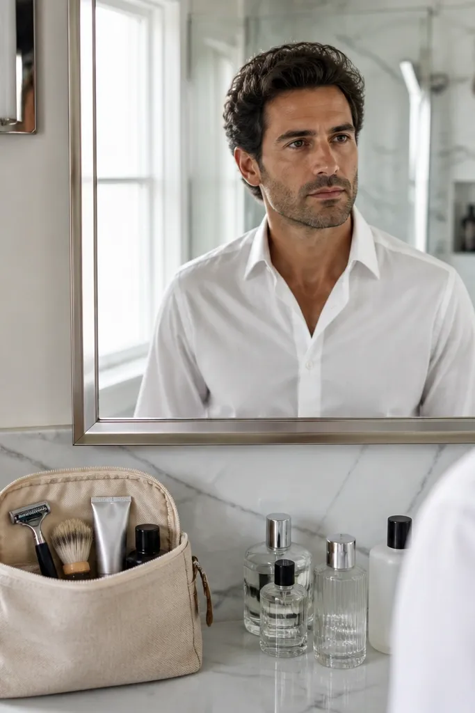 Neutral toiletry bottles with a razor, brush, and a compact travel bag