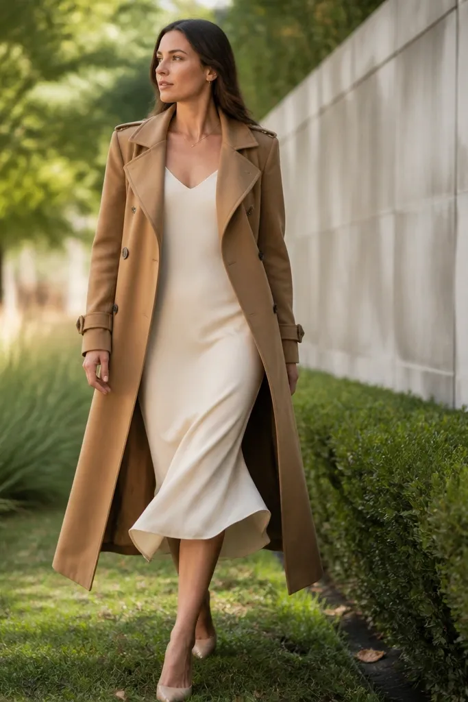Cream midi slip dress with a camel trench coat