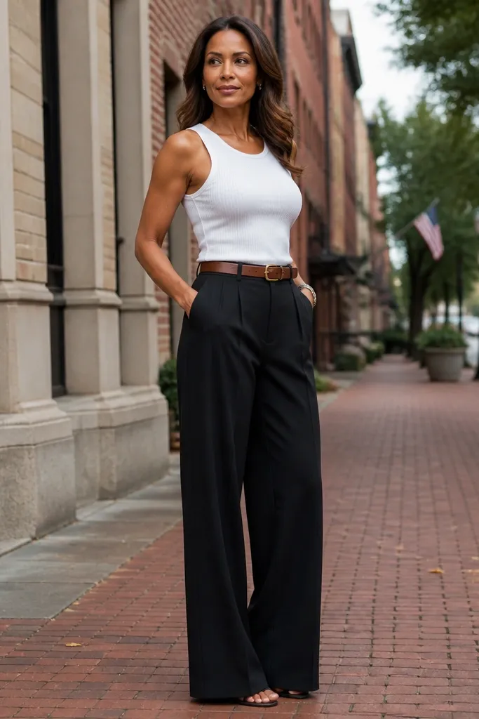 Black wide-leg trousers with a white ribbed tank and leather belt