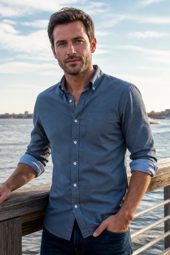 Slate blue button-down with rolled sleeves and dark denim jeans