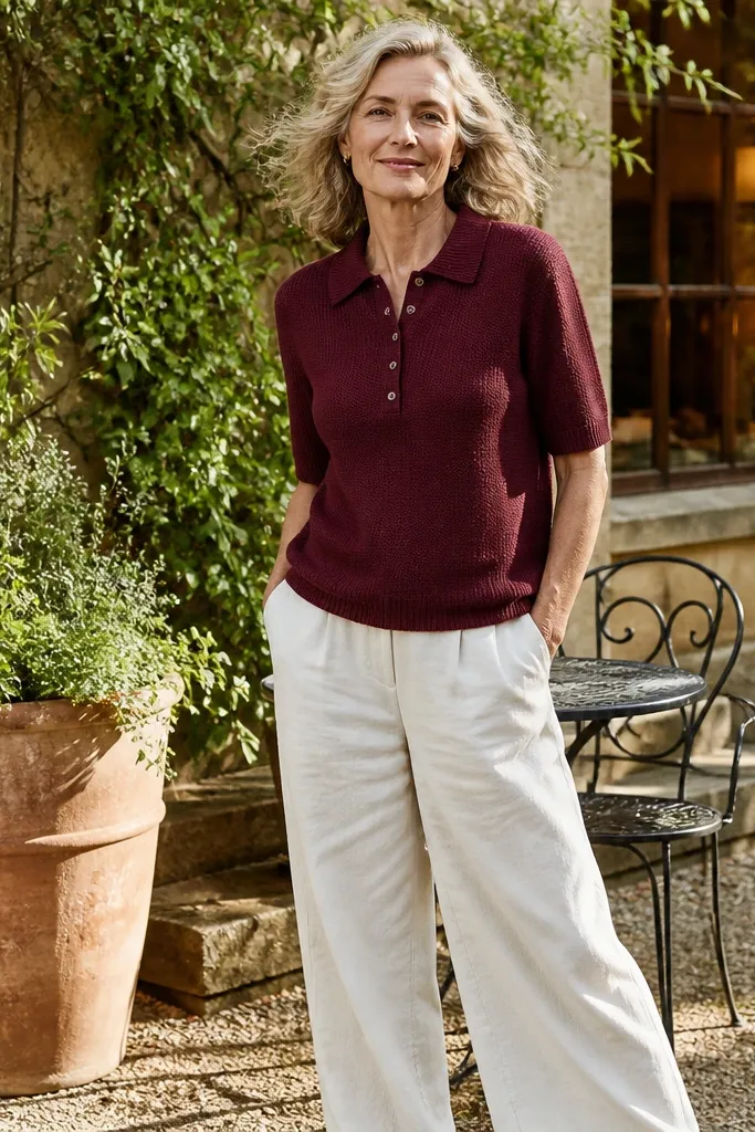 Burgundy knit polo with off-white trousers