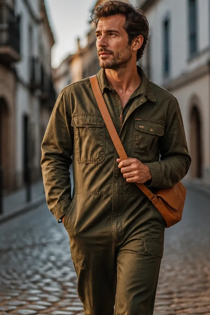 Olive utility jumpsuit with a tan crossbody bag