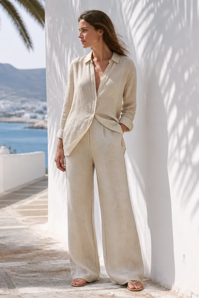 Sand linen shirt with relaxed matching trousers