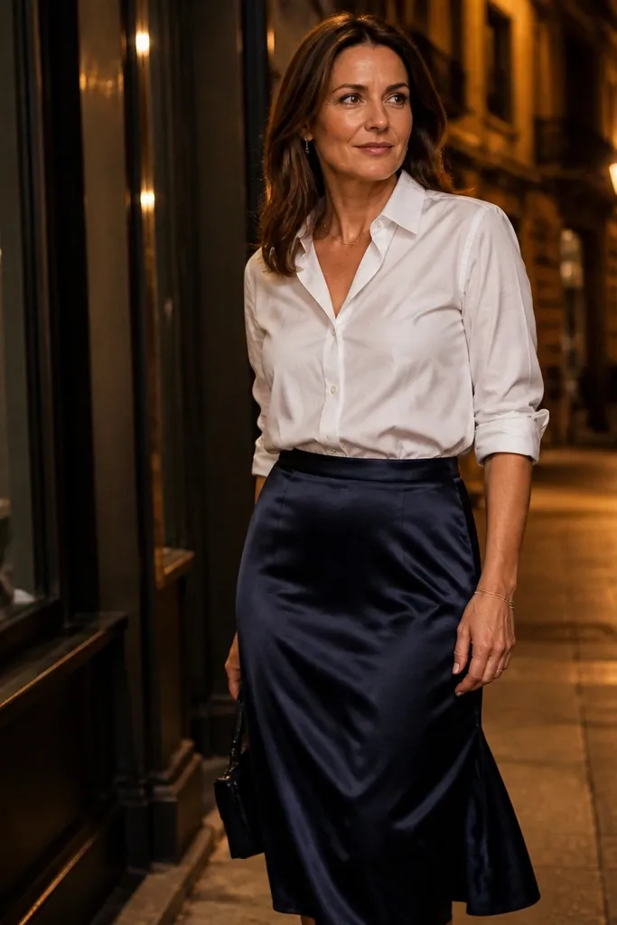 Navy satin midi skirt with a white button-up shirt