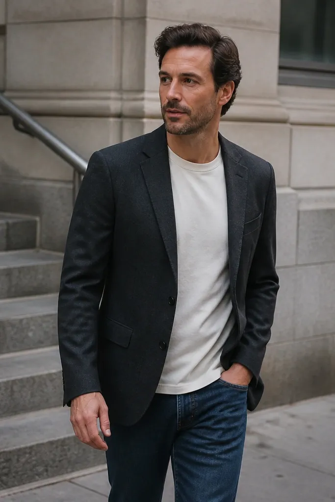 Charcoal blazer over a cream tee with straight dark jeans