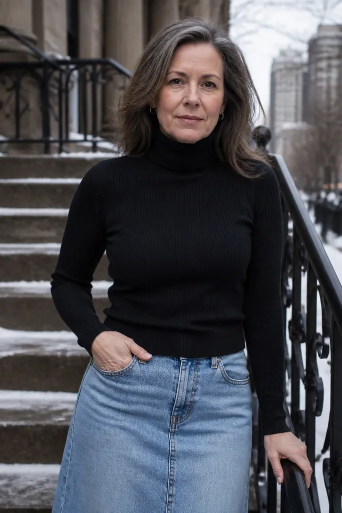 Black turtleneck sweater with a light denim skirt