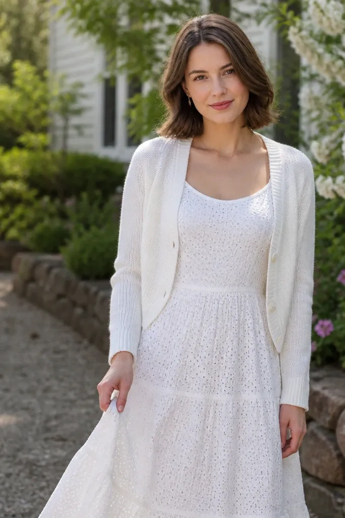White eyelet dress with a cropped cardigan