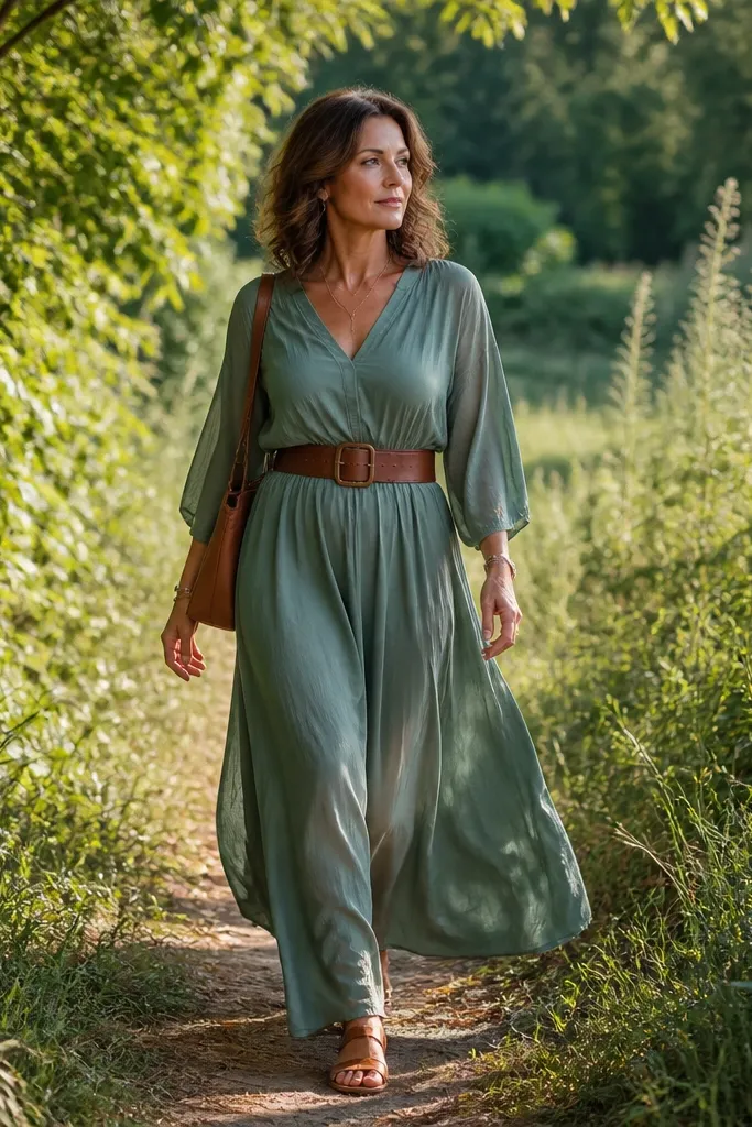 Sage maxi dress with a brown leather belt
