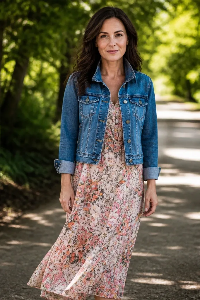 Denim jacket over a floral slip skirt