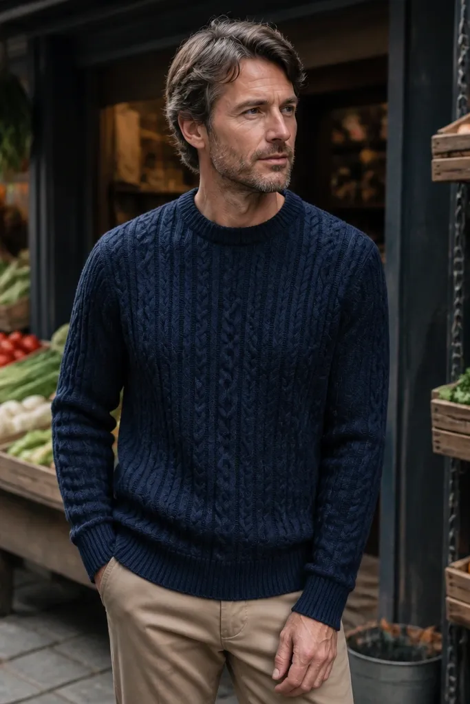 Navy cable-knit sweater with tan chinos