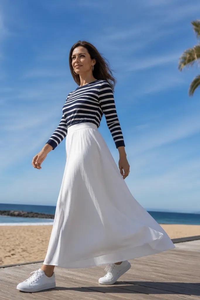 White maxi skirt with a navy striped top